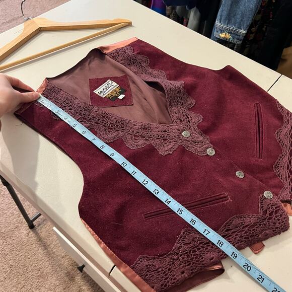 Deadstock 90s Burgundy Purple Suede Genuine Leather Lace Trim Vest Size Large - Picture 9 of 10